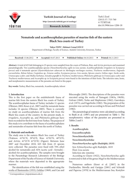 Nematode and Acanthocephalan Parasites of Marine Fish of the Eastern Black Sea Coasts of Turkey