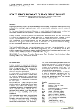 HOW to REDUCE the IMPACT of TRACK CIRCUIT FAILURES Stanislas Pinte, Maurizio Palumbo, Emmanuel Fernandes, Robert Grant ERTMS Solutions/Nxgen Rail Services