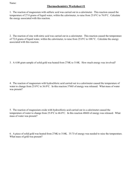 Thermochemistry Worksheet #1