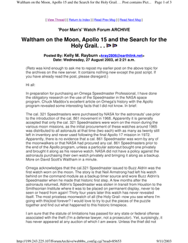 Waltham on the Moon, Apollo 15 and the Search for the Holy Grail