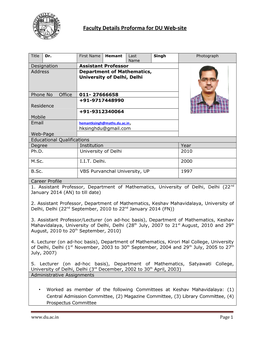 Faculty Details Proforma for DU Web-Site