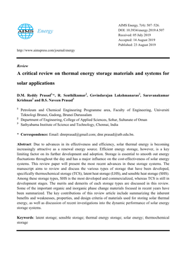 A Critical Review on Thermal Energy Storage Materials and Systems for Solar Applications