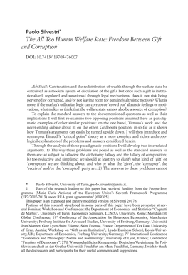 Paolo Silvestri* the All Too Human Welfare State: Freedom Between Gift and Corruption1