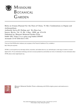 Notes on Grasses (Poaceae) for the Flora of China, VI. New Combinations in Stipeae and Anthoxanthum Author(S): Sylvia M