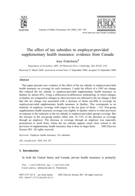 The Effect of Tax Subsidies to Employer-Provided Supplementary Health Insurance: Evidence from Canada