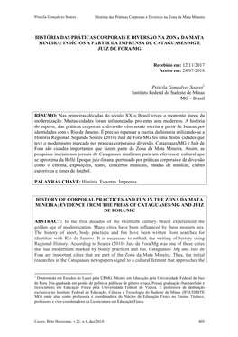 História Das Práticas Corporais E Diversão Na Zona Da Mata Mineira: Indícios a Partir Da Imprensa De Cataguases/Mg E Juiz De Fora/Mg