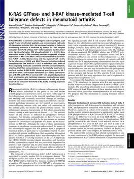 K-RAS Gtpase- and B-RAF Kinase–Mediated T-Cell PNAS PLUS Tolerance Defects in Rheumatoid Arthritis