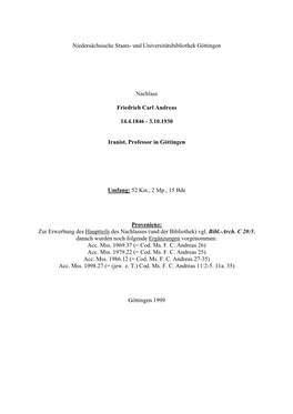 Andreas, Friedrich Carl Verzeichnis Zum Nachlaß Friedrich Carl Andreas : Gültig Bis August 1998 Göttingen, 1930-1997 (=W
