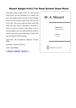 Mozart Adagio Kv411 for Reed Quintet Sheet Music