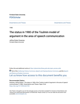 The Status in 1980 of the Toulmin Model of Argument in the Area of Speech Communication