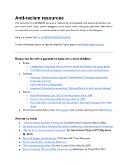 Resources This Document Is Intended to Serve As a Resource to White People and Parents to Deepen Our Anti-Racism Work