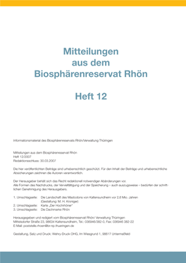 Mitteilungen Aus Dem Biosphärenreservat Rhön Heft 12/2007 Redaktionsschluss: 30.03.2007