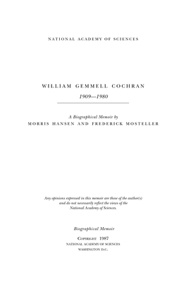 WILLIAM GEMMELL COCHRAN July 15, 1909-March29, 1980