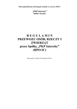 Regulamin Przewozu Osób, Rzeczy I Zwierząt Przez Spółkę „PKP Intercity” (RPO-IC)
