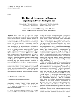 The Role of the Androgen Receptor Signaling in Breast Malignancies PANAGIOTIS F