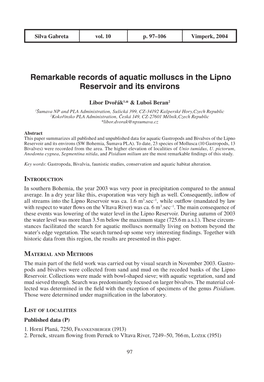 Remarkable Records of Aquatic Molluscs in the Lipno Reservoir and Its Environs