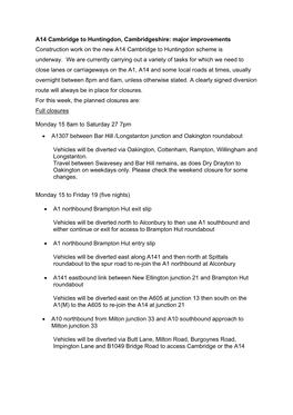 A14 Cambridge to Huntingdon, Cambridgeshire: Major Improvements Construction Work on the New A14 Cambridge to Huntingdon Scheme Is Underway