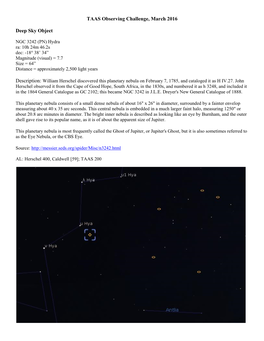 TAAS Observing Challenge, March 2016 Deep Sky Object