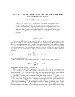 SOLUTIONS of the LINEAR BOLTZMANN EQUATION and SOME DIRICHLET SERIES 1. Introduction Classical Special Functions Are Used In