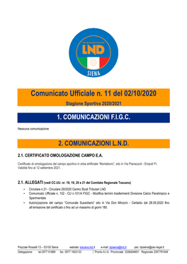 Comunicato Ufficiale N. 11 Del 02/10/2020