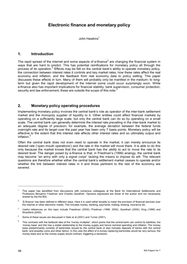 Electronic Finance and Monetary Policy: BIS Papers No 7