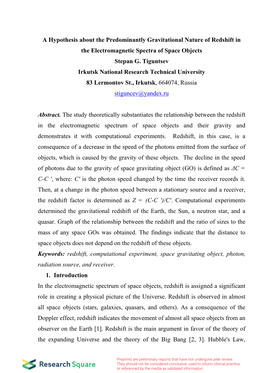 A Hypothesis About the Predominantly Gravitational Nature of Redshift in the Electromagnetic Spectra of Space Objects Stepan G