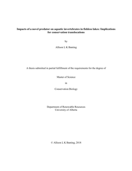 Impacts of a Novel Predator on Aquatic Invertebrates in Fishless Lakes: Implications for Conservation Translocations