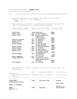 HUNGARY 1998 Macro-Level Data Questionnaire Part I: Data Pertinent