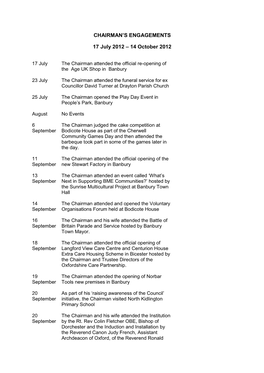 CHAIRMAN's ENGAGEMENTS 17 July 2012 – 14 October 2012