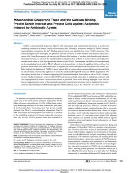 Mitochondrial Chaperone Trap1 and the Calcium Binding Protein Sorcin Interact and Protect Cells Against Apoptosis Induced by Antiblastic Agents