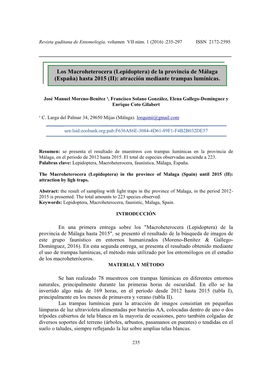 Los Macroheterocera (Lepidoptera) De La Provincia De Málaga (España) Hasta 2015 (II): Atracción Mediante Trampas Lumínicas