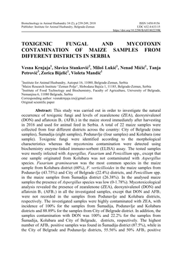 Toxigenic Fungal and Mycotoxin Contamination of Maize Samples from Different Districts in Serbia