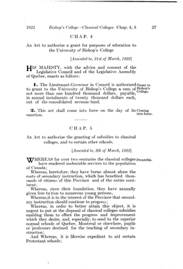 1922 Bishop's College—Classical Colleges Chap. 4, 5 27 CHAP. 4 An