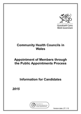 Community Health Councils in Wales Appointment of Members Through the Public Appointments Process Information for Candidates