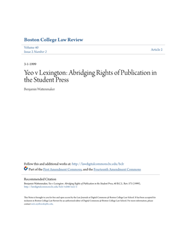 Yeo V Lexington: Abridging Rights of Publication in the Student Press Benjamin Wattenmaker