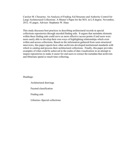 Carolyn M. Chesarino. an Analysis of Finding Aid Structure and Authority Control for Large Architectural Collections