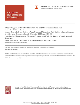 Interpreting an Architectural Past Ram Raz and the Treatise in South Asia Author(S): Madhuri Desai Source: Journal of the Society of Architectural Historians, Vol