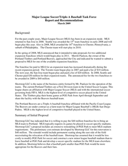 Major League Soccer/Triple-A Baseball Task Force Report and Recommendations Background: Summary of Initial Proposal