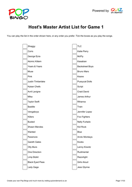 Host's Master Artist List for Game 1