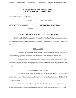 1 in the UNITED STATES DISTRICT COURT for the DISTRICT of DELAWARE VIATECH TECHNOLOGIES, INC., ) ) Plaintiff, ) Case No. 1:17Cv5