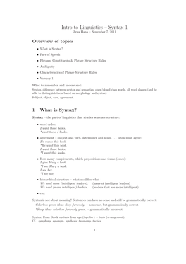 Intro to Linguistics – Syntax 1 Jirka Hana – November 7, 2011