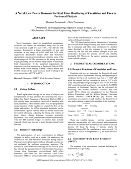 A Novel, Low Power Biosensor for Real Time Monitoring of Creatinine and Urea in Peritoneal Dialysis