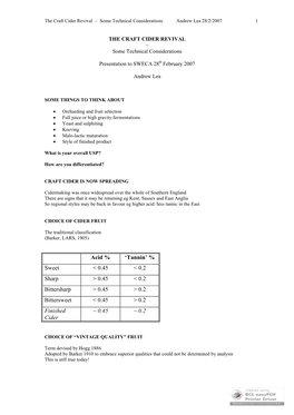 The Craft Cider Revival – Some Technical Considerations Andrew Lea 28/2/2007 1