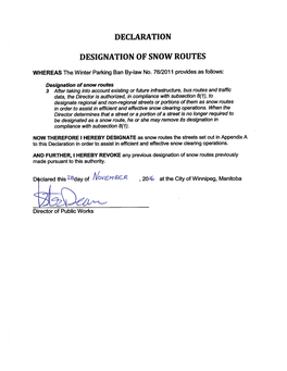 Declaration Designation of Snow Routes