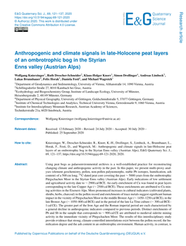 Anthropogenic and Climate Signals in Late-Holocene Peat Layers of an Ombrotrophic Bog in the Styrian Enns Valley (Austrian Alps)