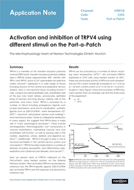 Application Note Activation and Inhibition of TRPV4 Using Different