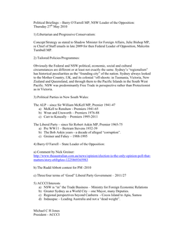Political Briefings: - Barry O’Farrell MP, NSW Leader of the Opposition: Thursday 27Th May 2010