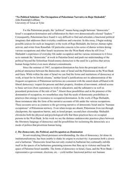 “No Political Solution: the Occupation of Palestinian Narrative in Raja Shehadeh” John Randolph Leblanc University of Texas at Tyler