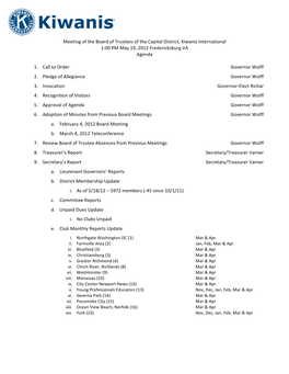 Meeting of the Board of Trustees of the Capital District, Kiwanis International 1:00 PM May 19, 2012 Fredericksburg VA Agenda