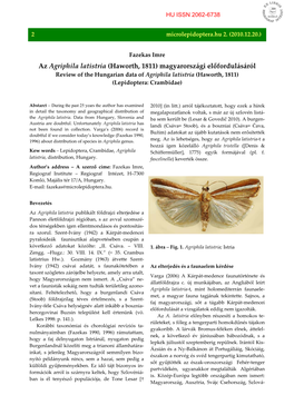 Az Agriphila Latistria (Haworth, 1811) Magyarországi Előfordulásáról Review of the Hungarian Data of Agriphila Latistria (Haworth, 1811) (Lepidoptera: Crambidae)